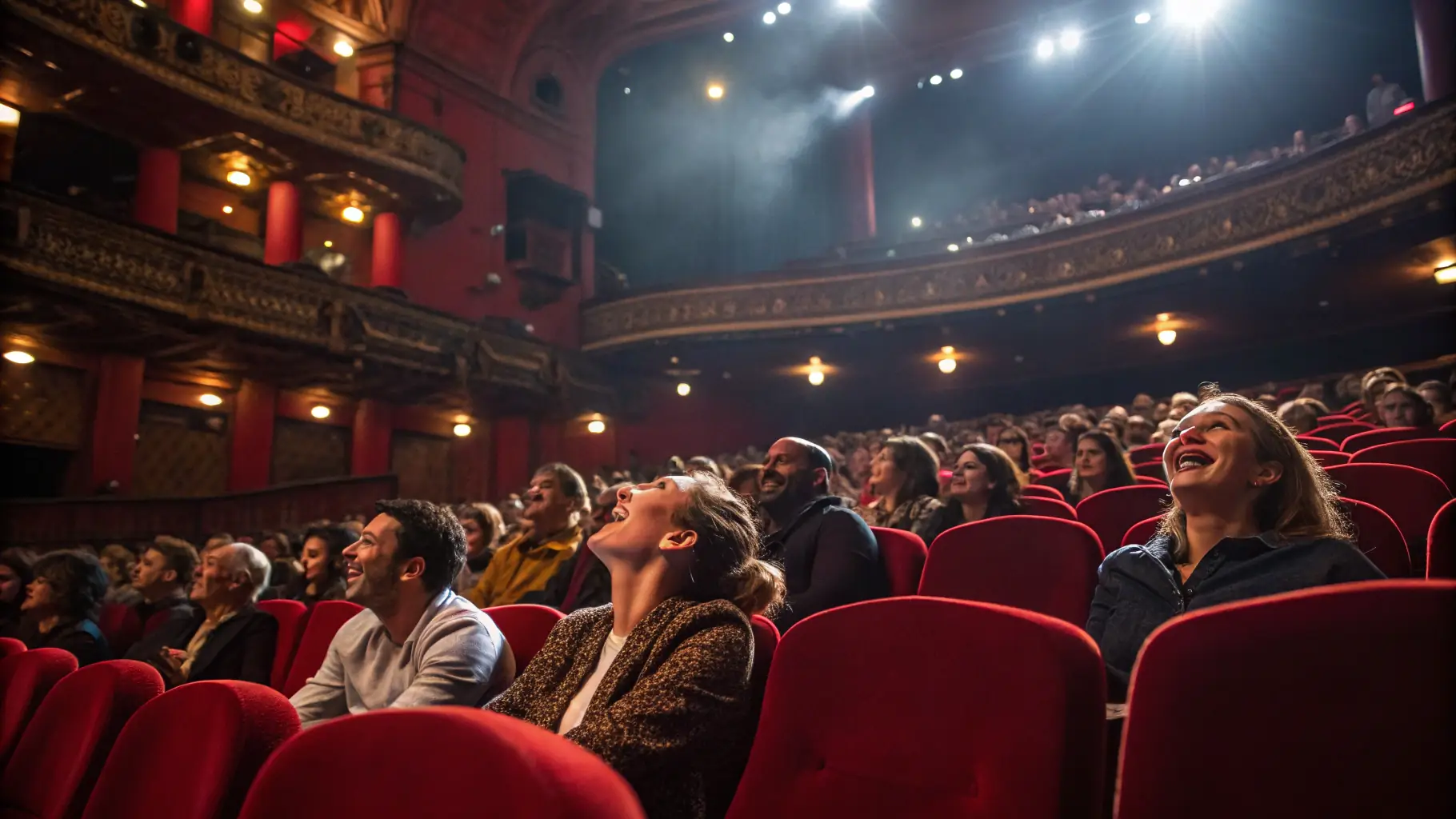 A diverse group of people watching a theatrical performance in a warmly lit theatre, showcasing the vibrant atmosphere and community engagement.