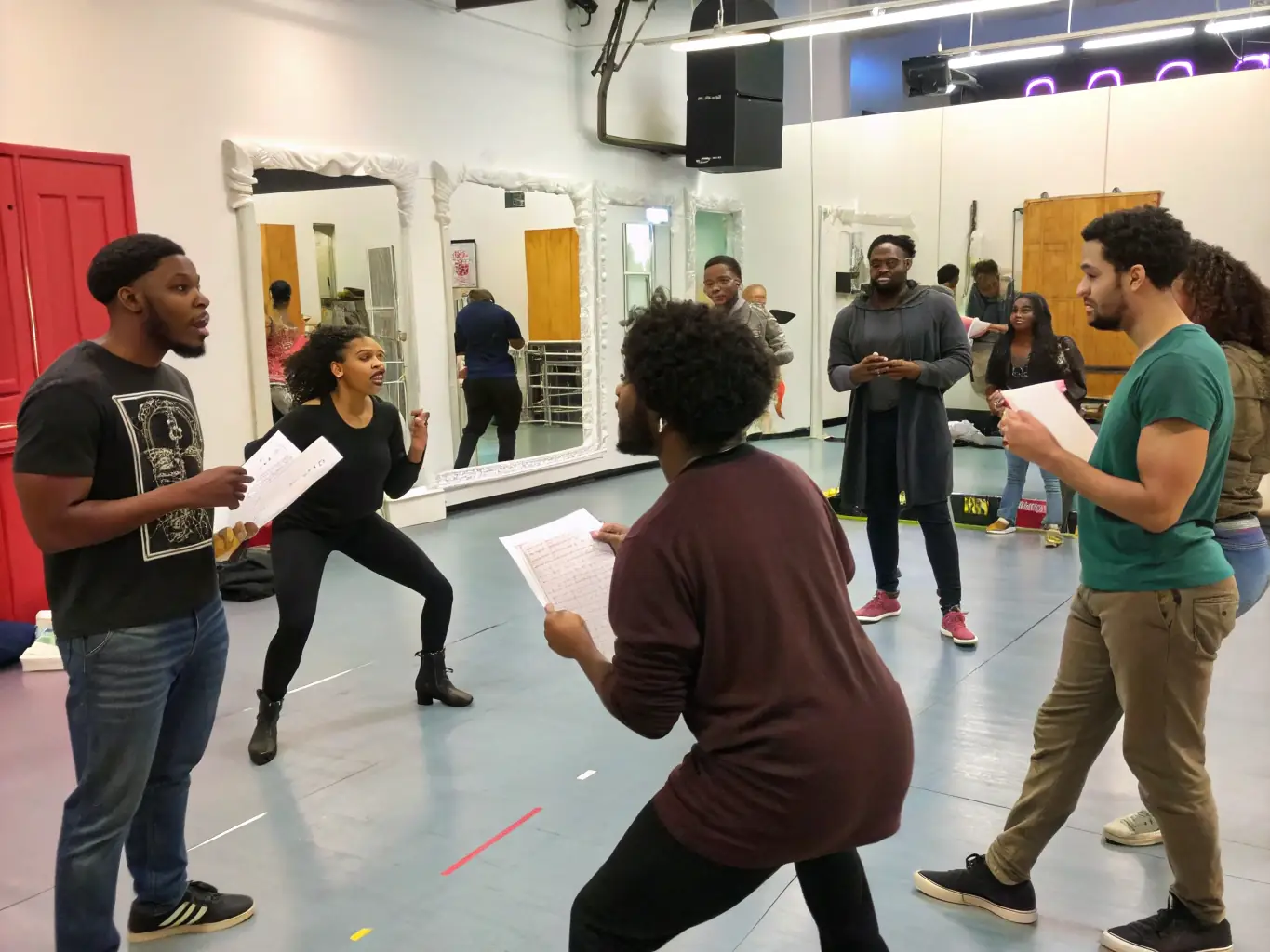 A group of participants actively engaged in a theatre workshop, learning new skills and techniques under the guidance of an experienced instructor at TEG THEATRE DE L’ÉTOILE GRISE.