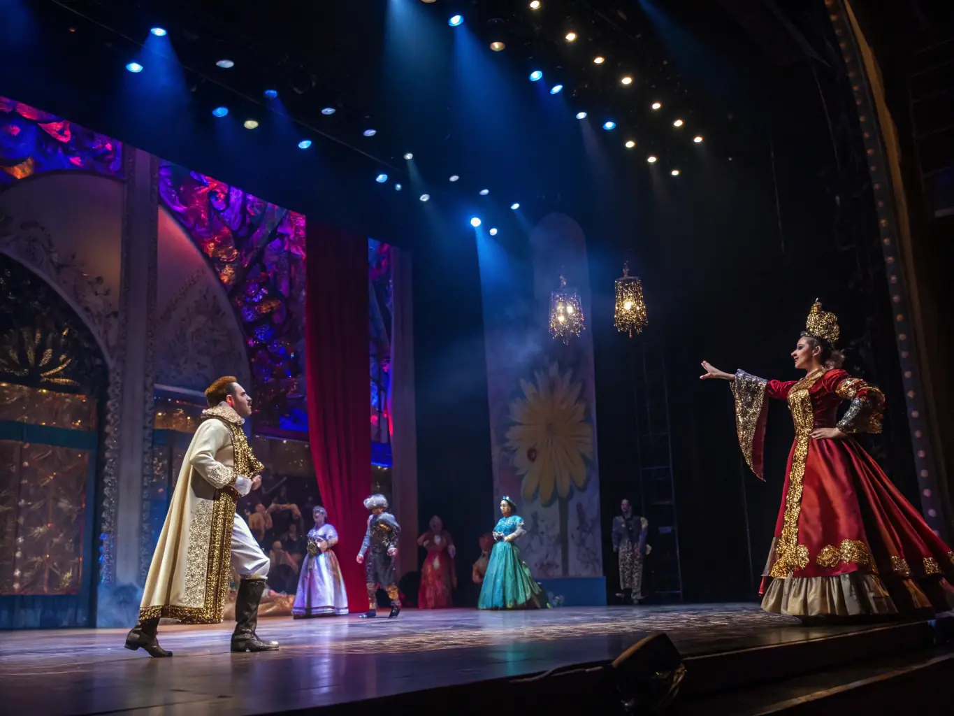 A vibrant photo capturing a scene from one of TEG THEATRE DE L’ÉTOILE GRISE's theatrical performances, showcasing actors in costume on stage with dynamic lighting.