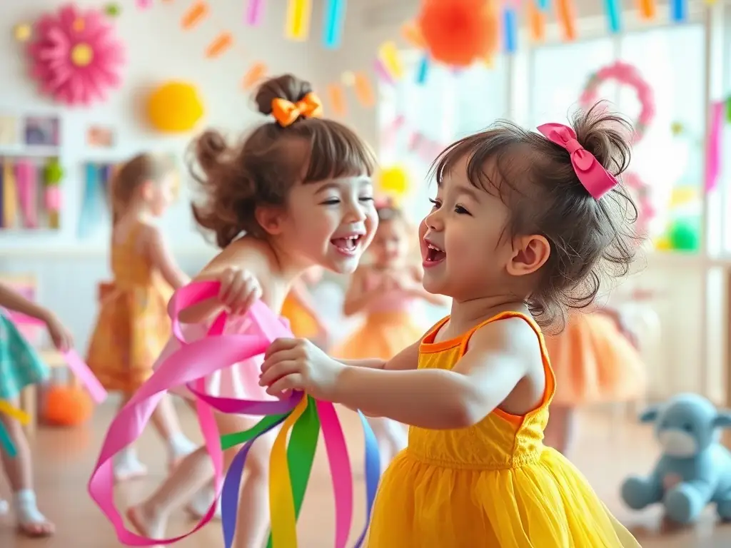 A group of children participating in a theatre workshop, laughing and engaging with the instructor, set in a brightly lit studio with props and costumes around.