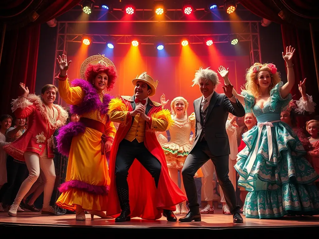 A vibrant stage scene with actors performing a dramatic play, showcasing the energy and emotion of a live theatrical performance at TEG THEATRE DE L’ÉTOILE GRISE.