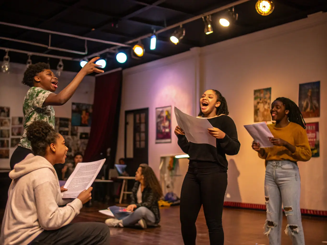 A group of participants actively engaged in a theatre workshop at TEG THEATRE DE L’ÉTOILE GRISE, led by an instructor, demonstrating various acting techniques.