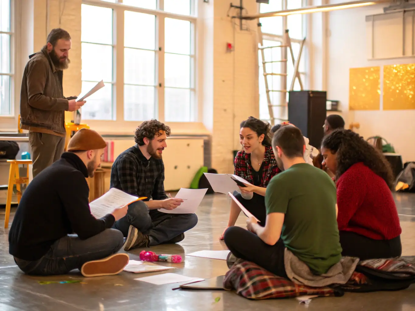 A photo of volunteers and staff collaborating on a community theatre project at TEG THEATRE DE L’ÉTOILE GRISE, showcasing their dedication and teamwork.
