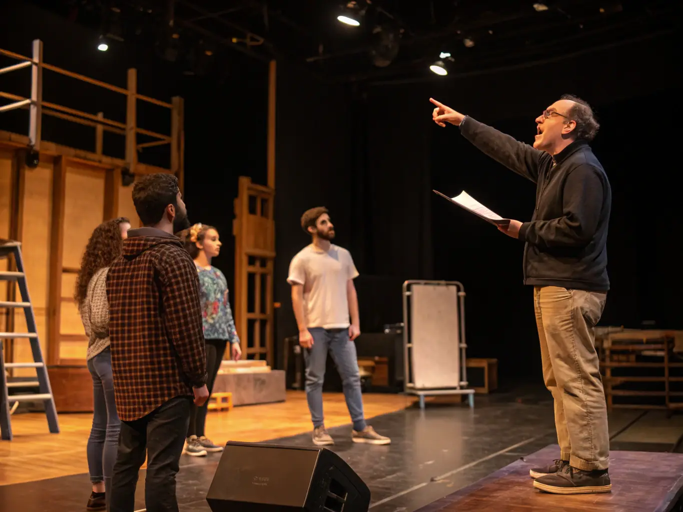 A diverse group of adults rehearsing a play on stage, with the director providing guidance, showcasing the collaborative and inclusive nature of our community theatre program.