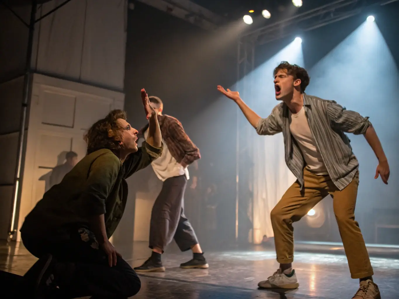 A scene from one of our theatrical performances, capturing the drama and emotion of the story, with professional lighting and set design enhancing the visual impact.